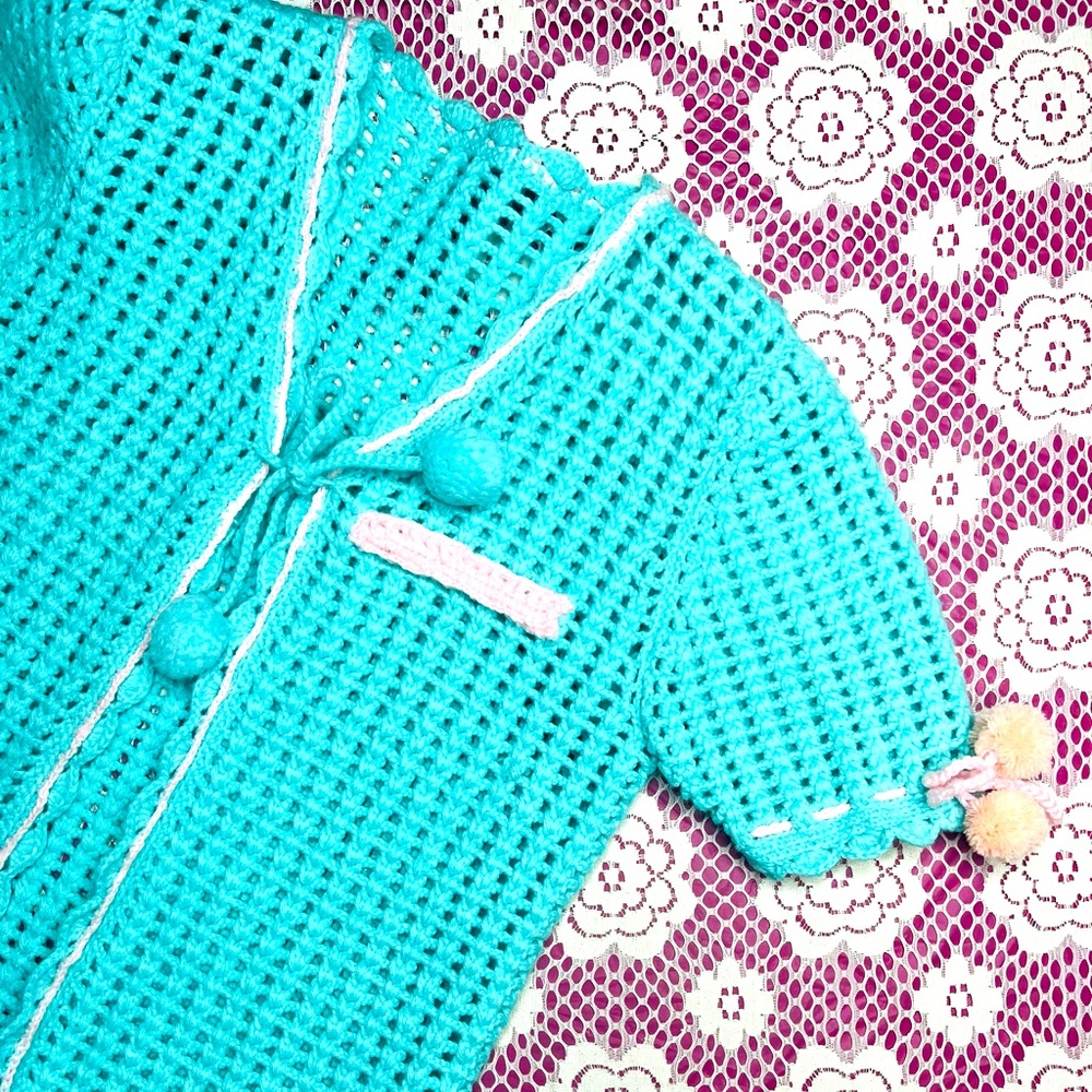 Pink and Aqua Crocheted Top with Pom Poms